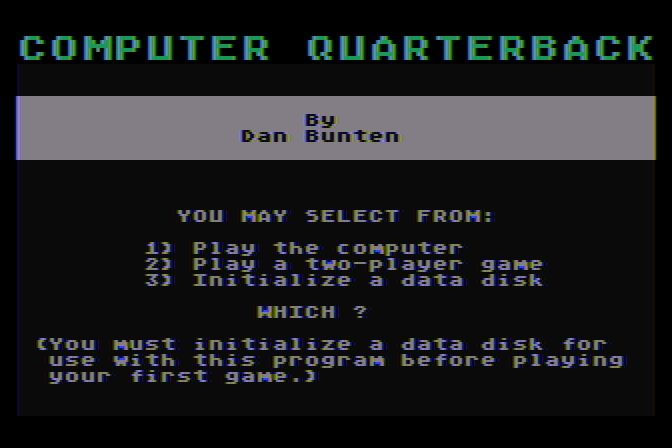 Computer Quarterback Atari 8-bit Screenshot: Main menu.