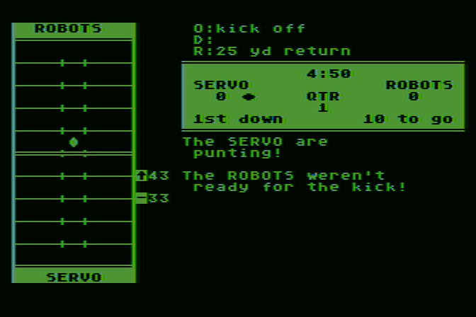 Computer Quarterback Atari 8-bit Screenshot: The computer player wasn't ready for the kick!