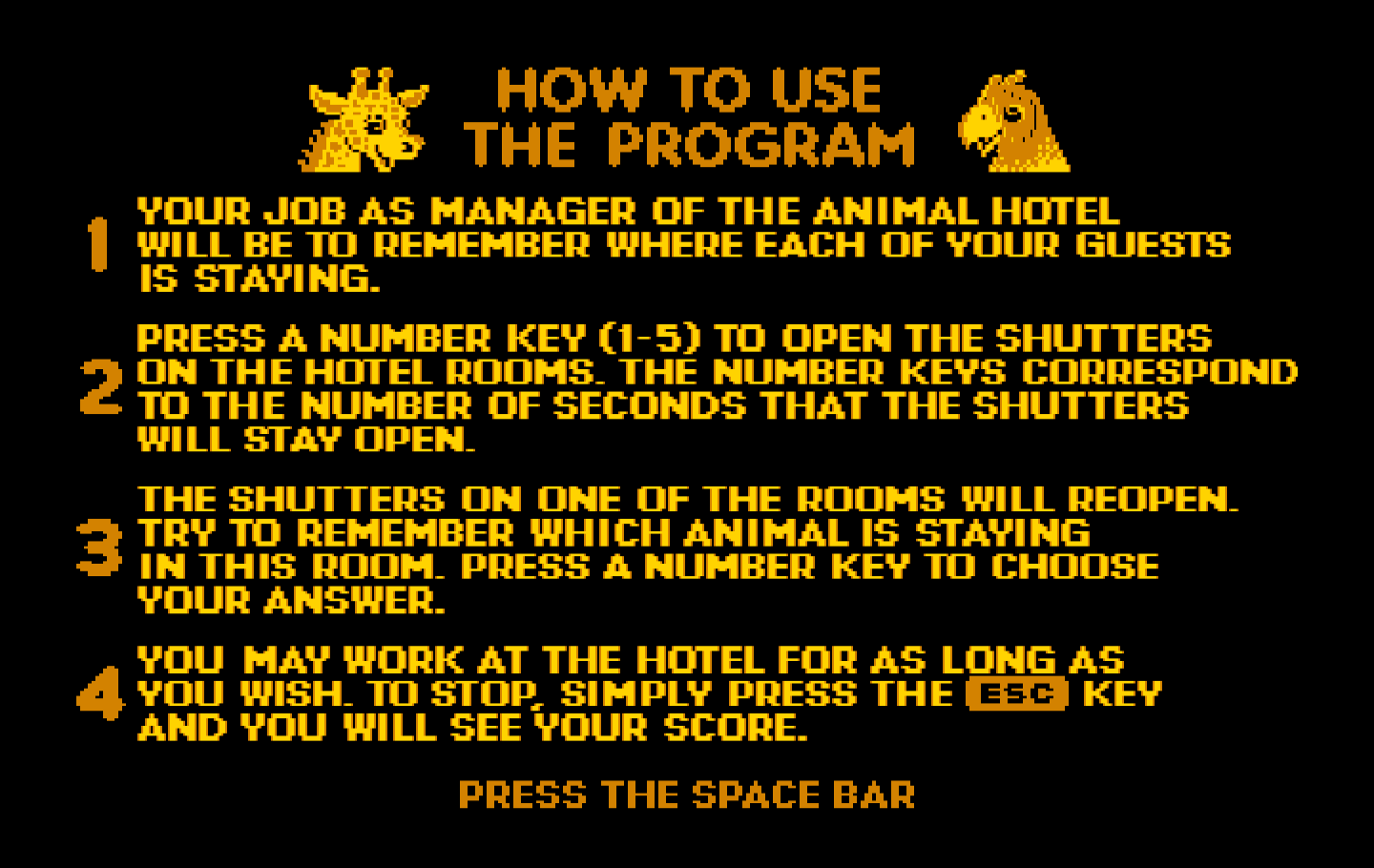 Animal Hotel IBM PC/Compatibles Screenshot: How to use the program.