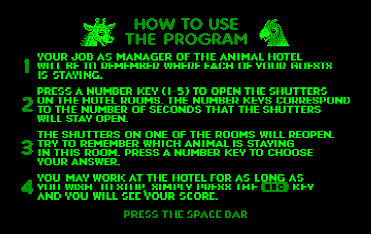 Animal Hotel IBM PC/Compatibles Screenshot: How to use the program.
