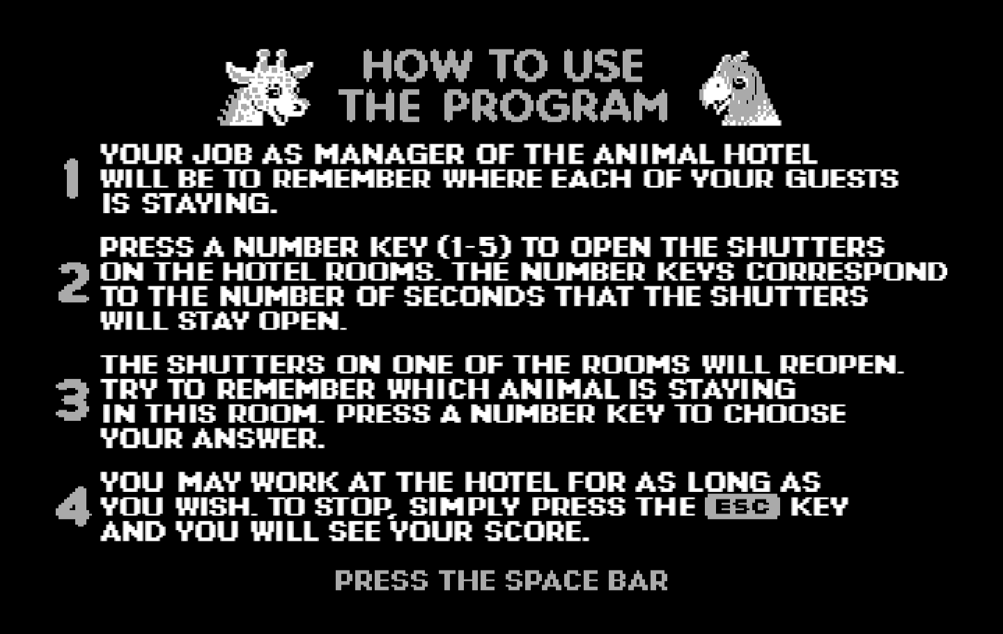Animal Hotel IBM PC/Compatibles Screenshot: How to use the program.
