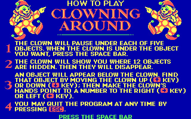 Clowning Around IBM PC/Compatibles Screenshot: Game instructions.