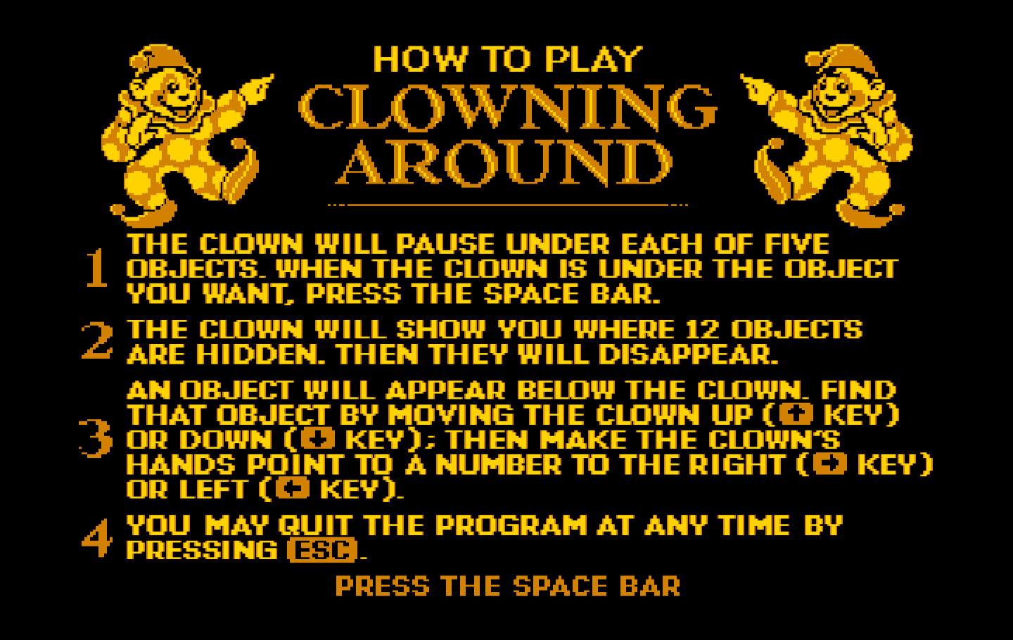 Clowning Around IBM PC/Compatibles Screenshot: Game instructions.