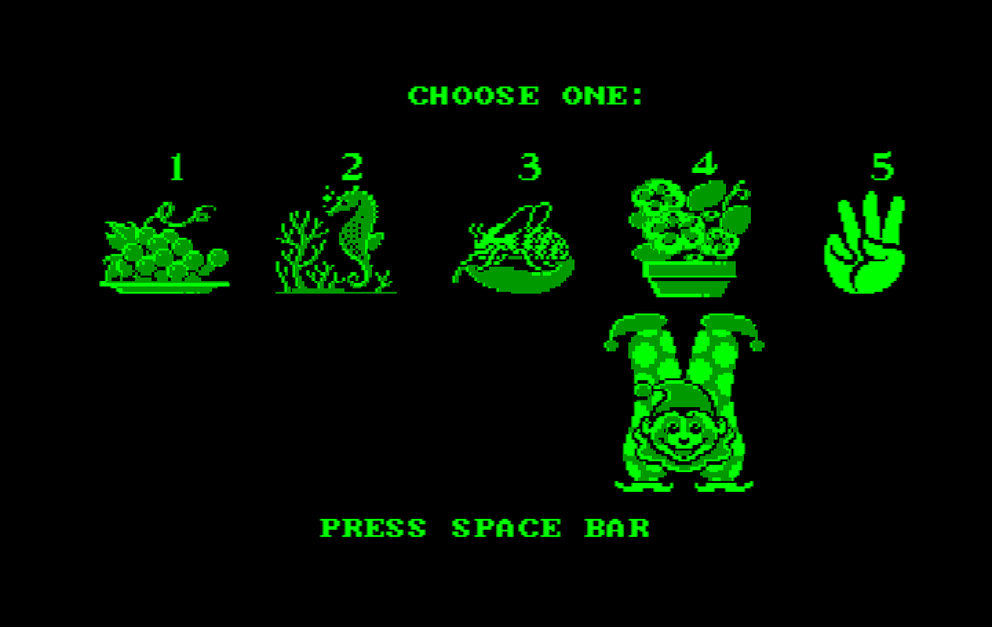 Clowning Around IBM PC/Compatibles Screenshot: Main menu; choose one!