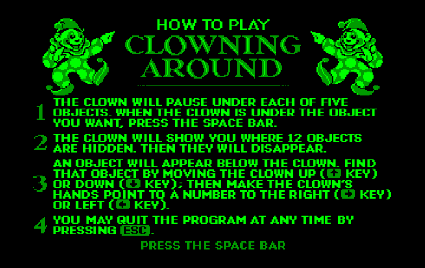 Clowning Around IBM PC/Compatibles Screenshot: Game instructions.