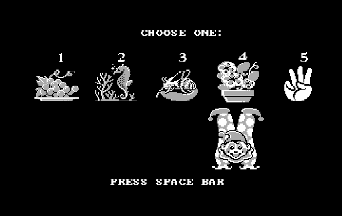 Clowning Around IBM PC/Compatibles Screenshot: Main menu; choose one!