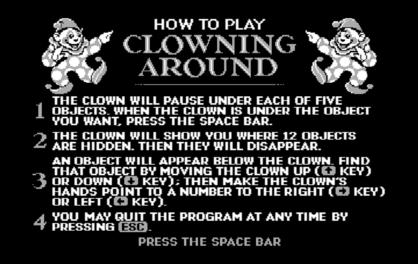 Clowning Around IBM PC/Compatibles Screenshot: Game instructions.