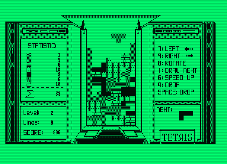 Tetris Amstrad PCW Screenshot: I'm almost out of room, this will be tricky!