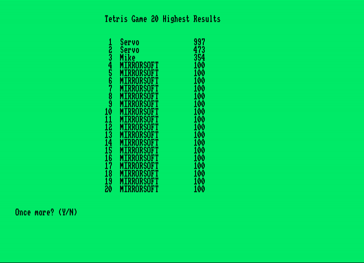 Tetris Amstrad PCW Screenshot: High scores.