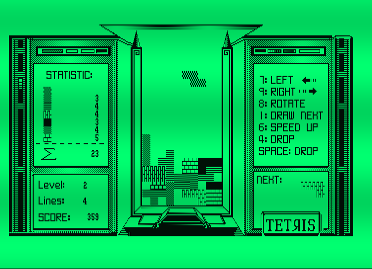 Tetris Amstrad PCW Screenshot: The board starts to fill up, I need to complete some lines!