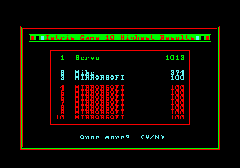 Tetris Amstrad CPC Screenshot: A new high score!