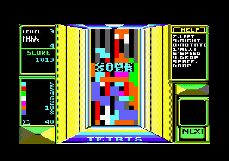 Tetris Amstrad CPC Screenshot: Game over.