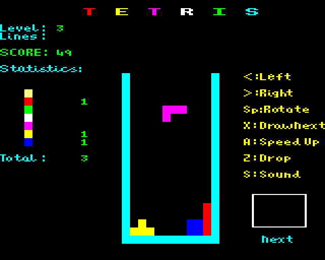 Tetris BBC Micro Screenshot: Game start.