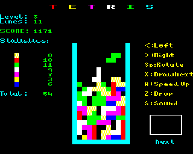 Tetris BBC Micro Screenshot: Almost out of room, I'm in trouble now!
