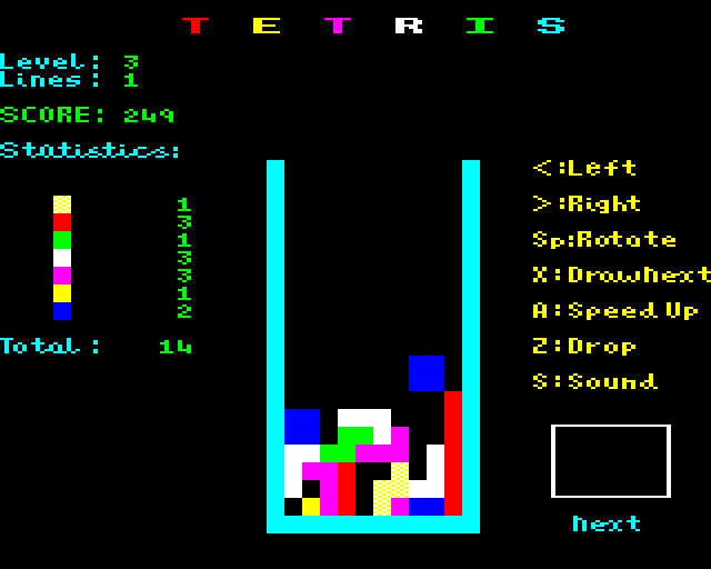 Tetris BBC Micro Screenshot: A square block drops into place...