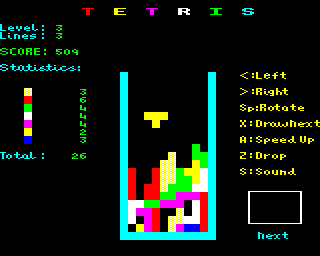 Tetris BBC Micro Screenshot: The board begins to fill up...
