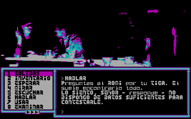 La Aventura Espacial IBM PC/Compatibles Screenshot: Listenting to a conversation in the recreation area.