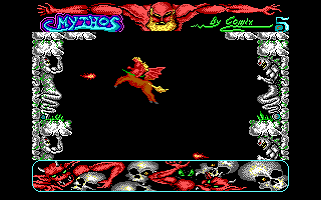 Mithos IBM PC/Compatibles Screenshot: Flying down...don't get hit by fireballs!