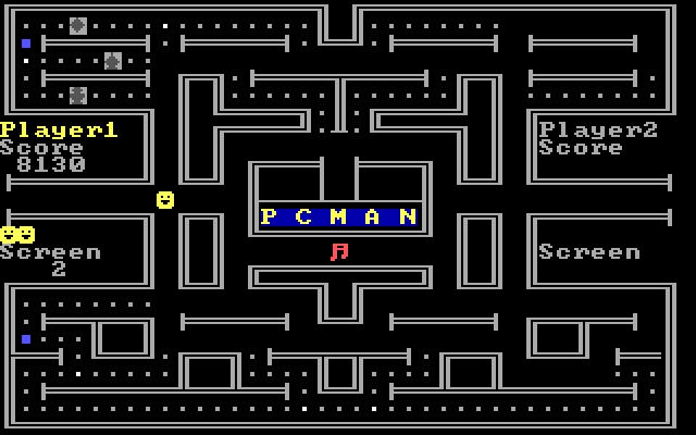 PC Man IBM PC/Compatibles Screenshot: You can eat the ghosts when they are shaded grey.