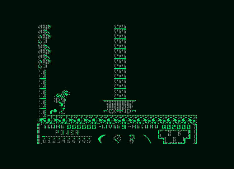 Livingstone II Amstrad PCW Screenshot: Phase 2; watch out for mine carts!