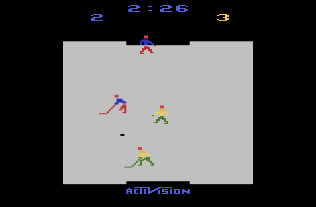 Ice Hockey Atari 2600 Screenshot: The computer player is ahead by a point...