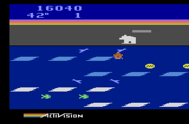 Frostbite Atari 2600 Screenshot: Knocked into the water again!