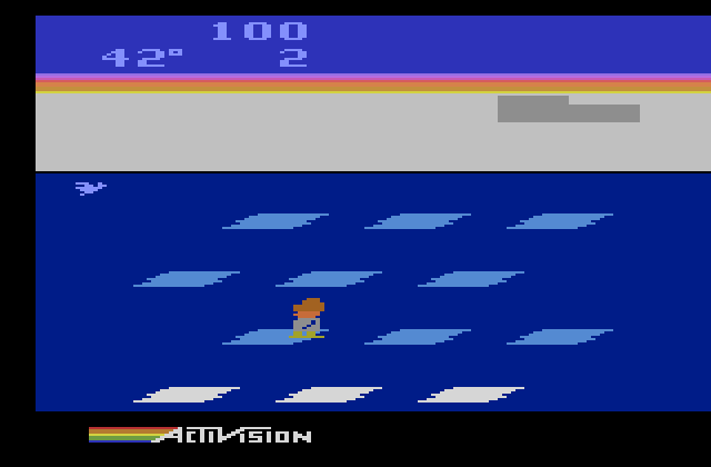Frostbite Atari 2600 Screenshot: Jump on the ice blocks to build your igloo.