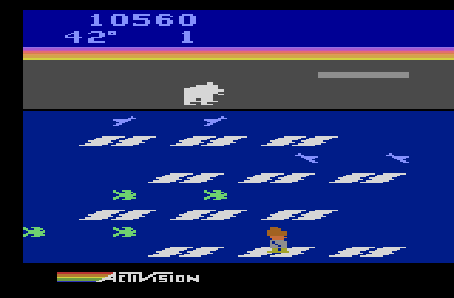 Frostbite Atari 2600 Screenshot: Collect the green fish for a bonus, but avoid all of the other creatures.