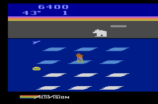 Frostbite Atari 2600 Screenshot: It's getting darker out now, so the temperature gets colder quicker.