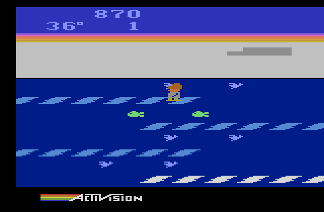Frostbite Atari 2600 Screenshot: This bird caught me and will knock me into the water!