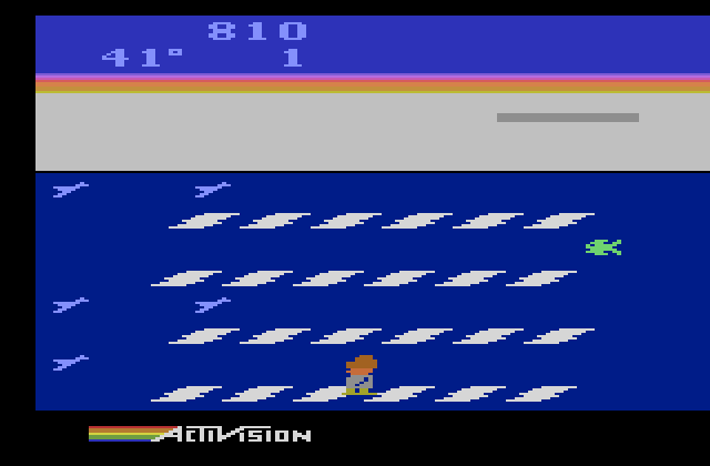 Frostbite Atari 2600 Screenshot: Different sized ice blocks and different obstacles begin to appear...