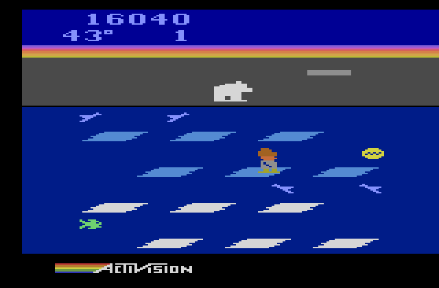 Frostbite Atari 2600 Screenshot: As the game progresses, you'll need more and more ice to complete an igloo.