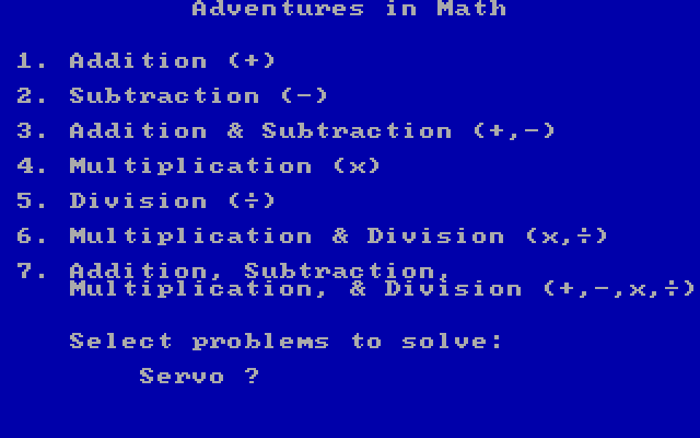 Adventures in Math IBM PC/Compatibles Screenshot: The types of problems to solve.