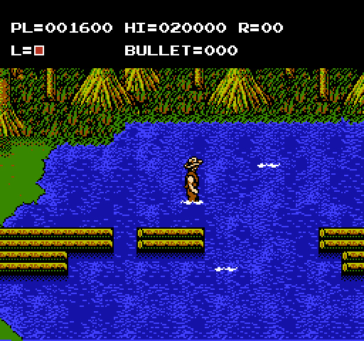 Adventures of Bayou Billy, The NES / Famicom Screenshot: What's that swimming in the water? This could be dangerous!