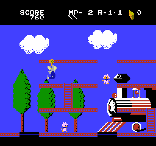 Mappy-Land NES / Famicom Screenshot: Hanging on to a platform...