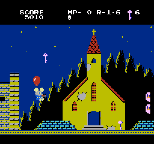 Mappy-Land NES / Famicom Screenshot: Floating up with the help of a balloon...