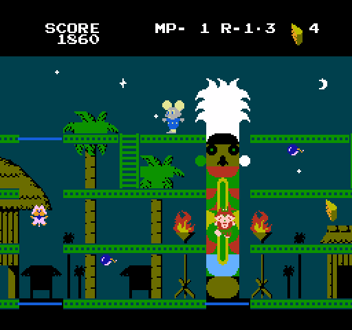 Mappy-Land NES / Famicom Screenshot: Four more pieces of cheese to collect!