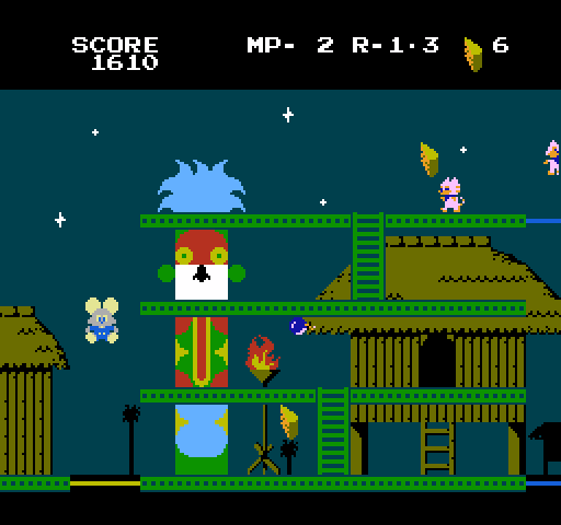 Mappy-Land NES / Famicom Screenshot: Bouncing up to a higher platform...