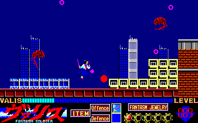 Mugen Senshi Valis: The Fantasm Soldier Sharp X1 Screenshot: Fighting on the rooftop.