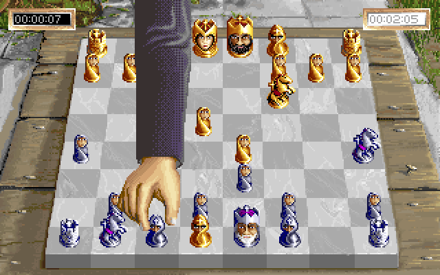 Sargon V: World Class Chess IBM PC/Compatibles Screenshot: A hand reaches down to move a piece...
