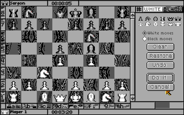 Sargon V: World Class Chess IBM PC/Compatibles Screenshot: You can edit the board during a game to practice different scenarios.