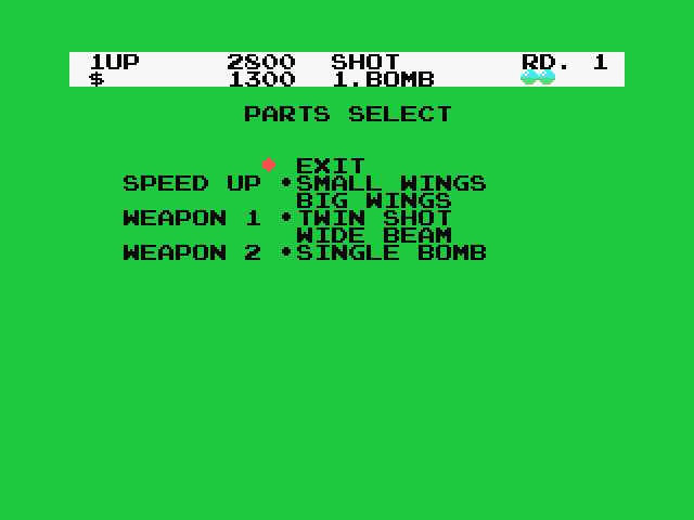 Fantasy Zone MSX Screenshot: Select which upgrades are active.