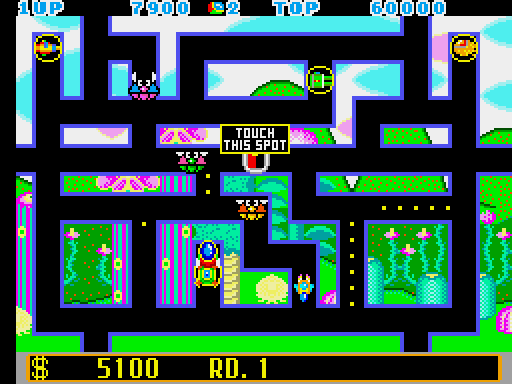 Fantasy Zone: The Maze Arcade Screenshot: Touch that spot in the middle to prevent more enemies from appearing.