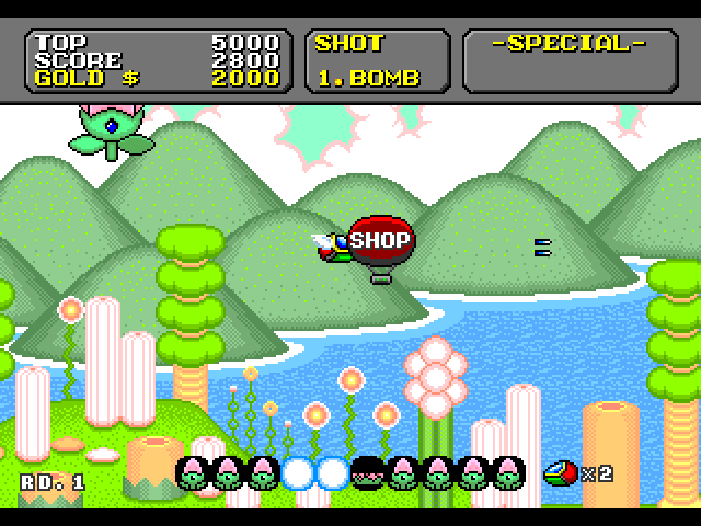 Super Fantasy Zone Sega Genesis / Mega Drive Screenshot: Visit the shop to upgrade your weapons!
