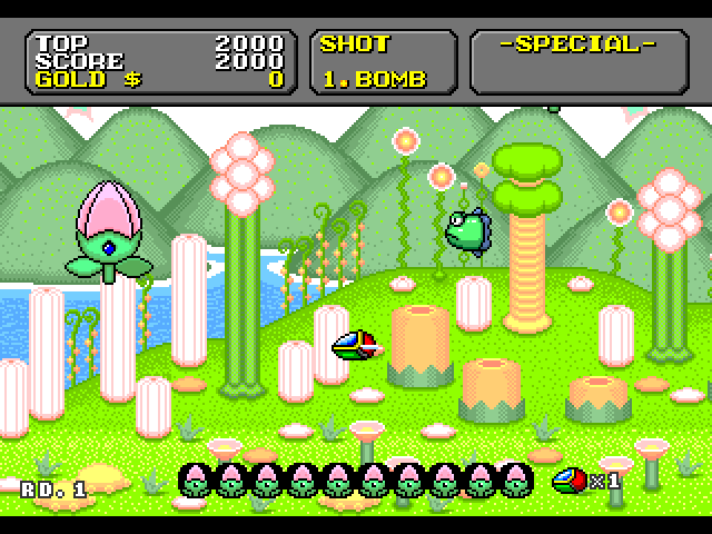 Super Fantasy Zone Sega Genesis / Mega Drive Screenshot: Gameplay on the first level.