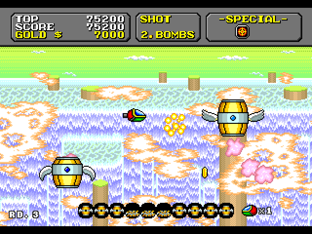 Super Fantasy Zone Sega Genesis / Mega Drive Screenshot: More types of enemies begin to appear now.