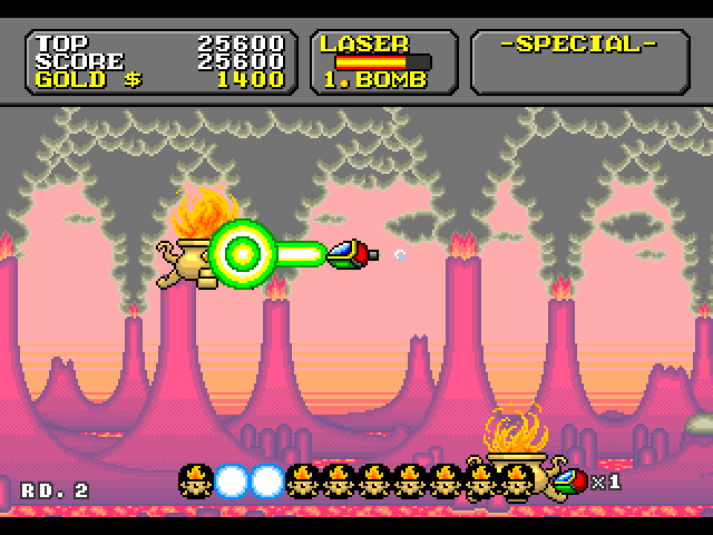 Super Fantasy Zone Sega Genesis / Mega Drive Screenshot: Blasting opponents with my new laser.