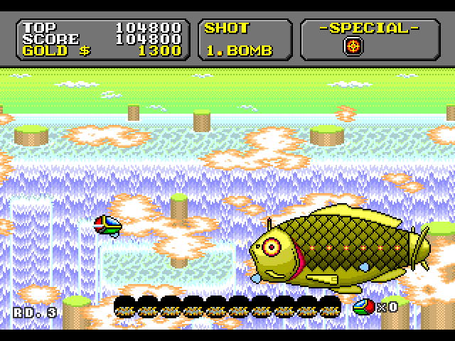 Super Fantasy Zone Sega Genesis / Mega Drive Screenshot: This giant fish is your next opponent...