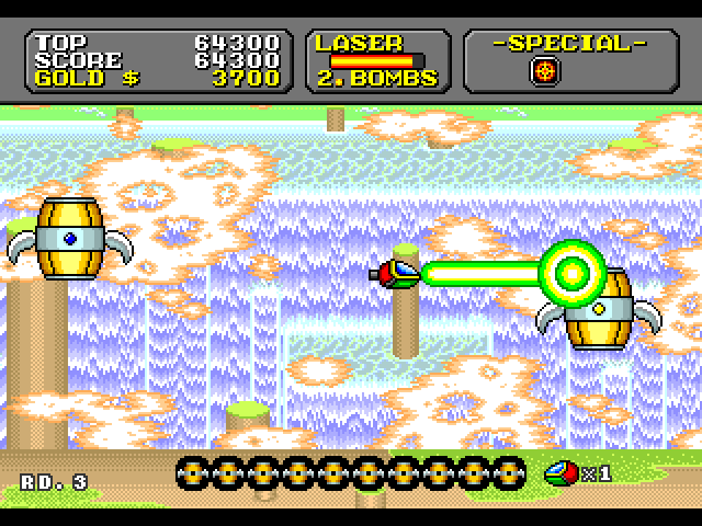 Super Fantasy Zone Sega Genesis / Mega Drive Screenshot: Blast all of these flying barrels.