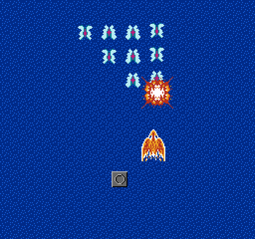 Terra Cresta NES / Famicom Screenshot: A formation of enemies appears over the water...